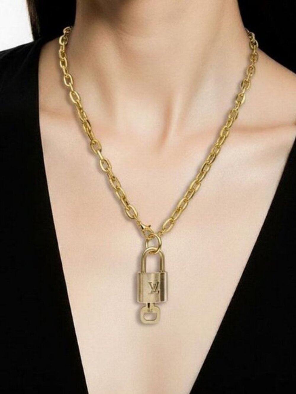Stainless Steel Gold-Plated Necklace with Authentic Louis Vuitton Padlock